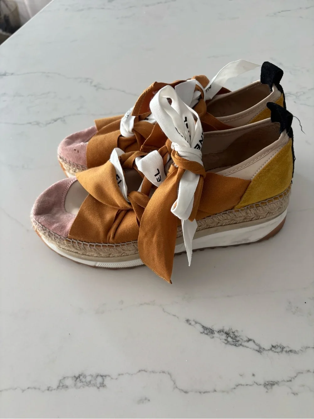 CHANEL Laced Free Tan & Pink Canvas Espadrille Platform Sandals with Ribbon Ties